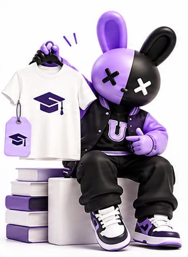 The Twofolds mascot in a varsity jacket, sitting beside a stack of books and holding up a white tee printed with a graduation cap.