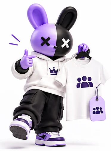 The Twofolds mascot in a white crown hoodie, pointing at a white tee on a hanger printed with a team icon.