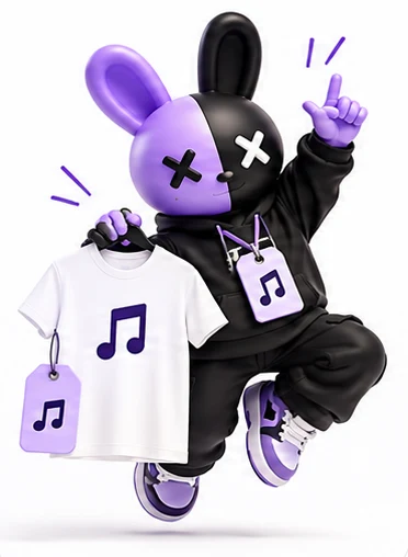 The Twofolds mascot mid-jump in a black hoodie and lanyard, holding a white tee printed with a music note.