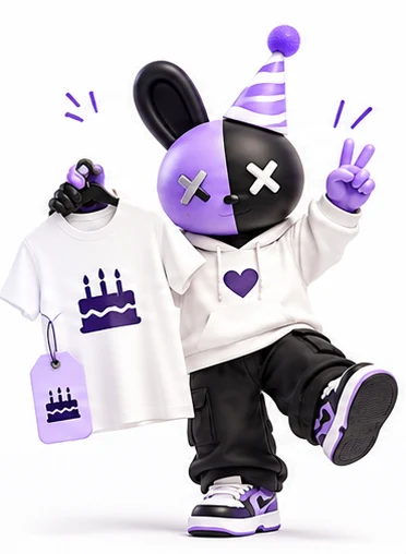 The Twofolds mascot in a party hat, giving a peace sign and holding a white tee printed with a birthday cake.