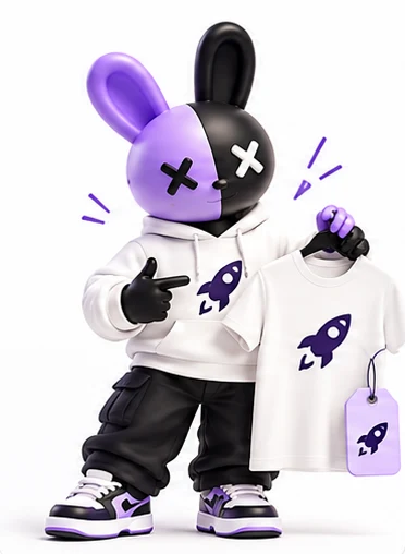 The Twofolds mascot in a white rocket hoodie, pointing at a white tee on a hanger printed with a rocket.