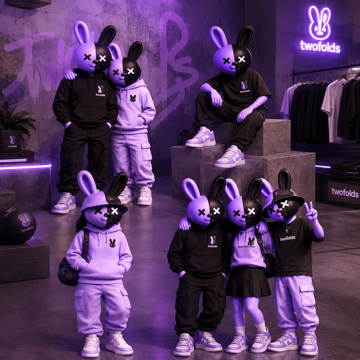 The Twofolds mascots together in the store: a couple, a seated figure, a figure with a backpack, and a group of three friends