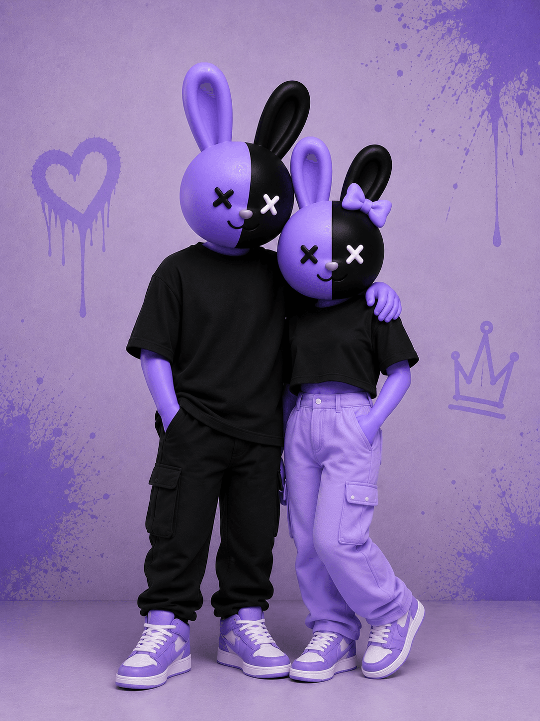 Two Twofolds mascots standing together, one in a black tee and black cargos, one in a black crop tee and lavender cargos.