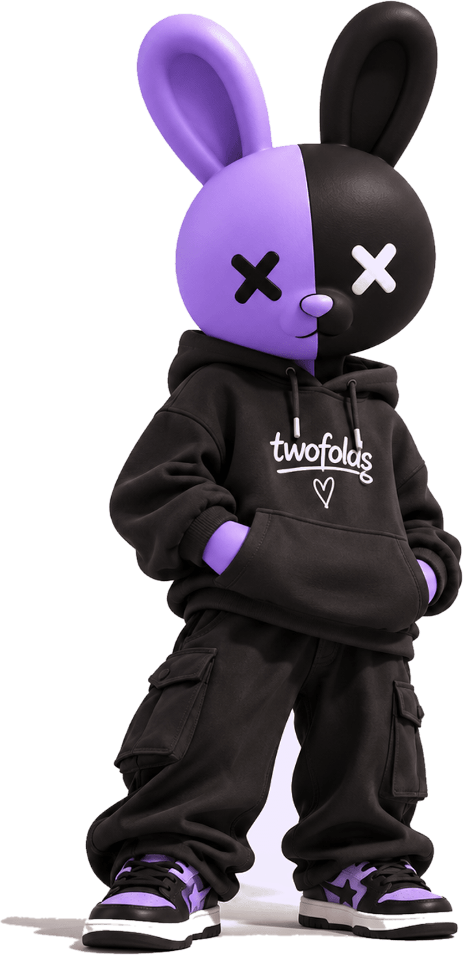 The Twofolds mascot in a black hoodie printed with the twofolds wordmark and a heart, black cargo trousers and purple-and-black sneakers.