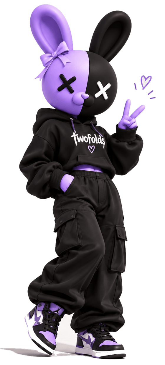 The Twofolds mascot with a lavender bow, in a cropped black twofolds hoodie with a heart, black cargo trousers and purple-and-black sneakers, giving a peace sign.