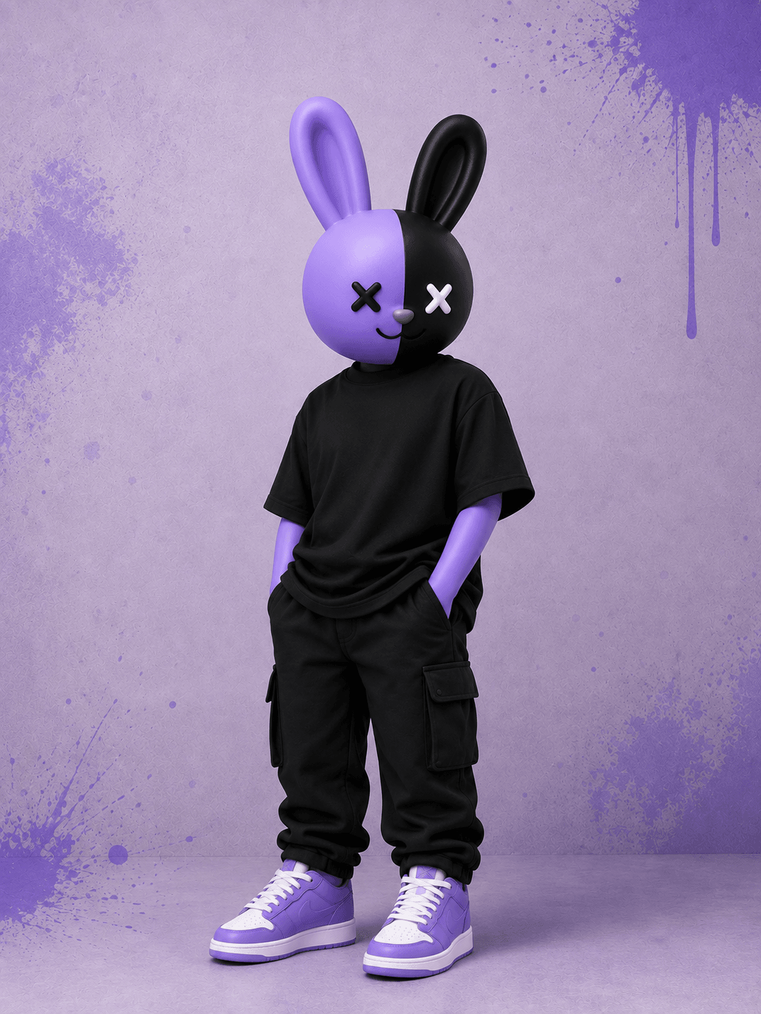 The Twofolds mascot in an oversized black tee and black cargo trousers.