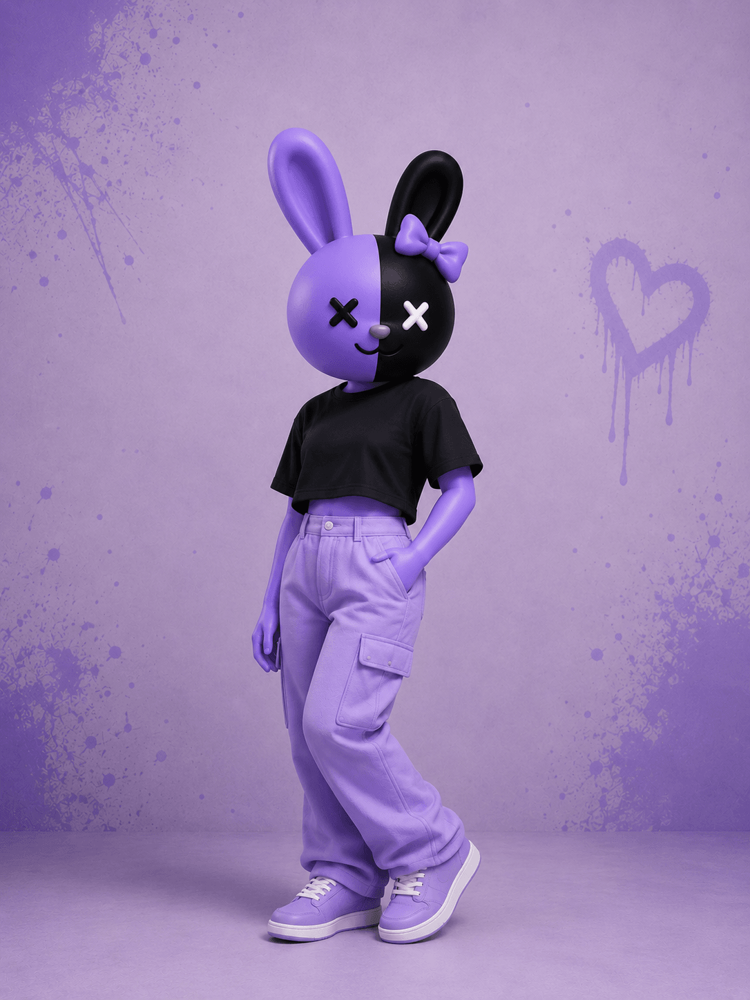 The Twofolds mascot in a black crop tee and lavender cargo trousers.