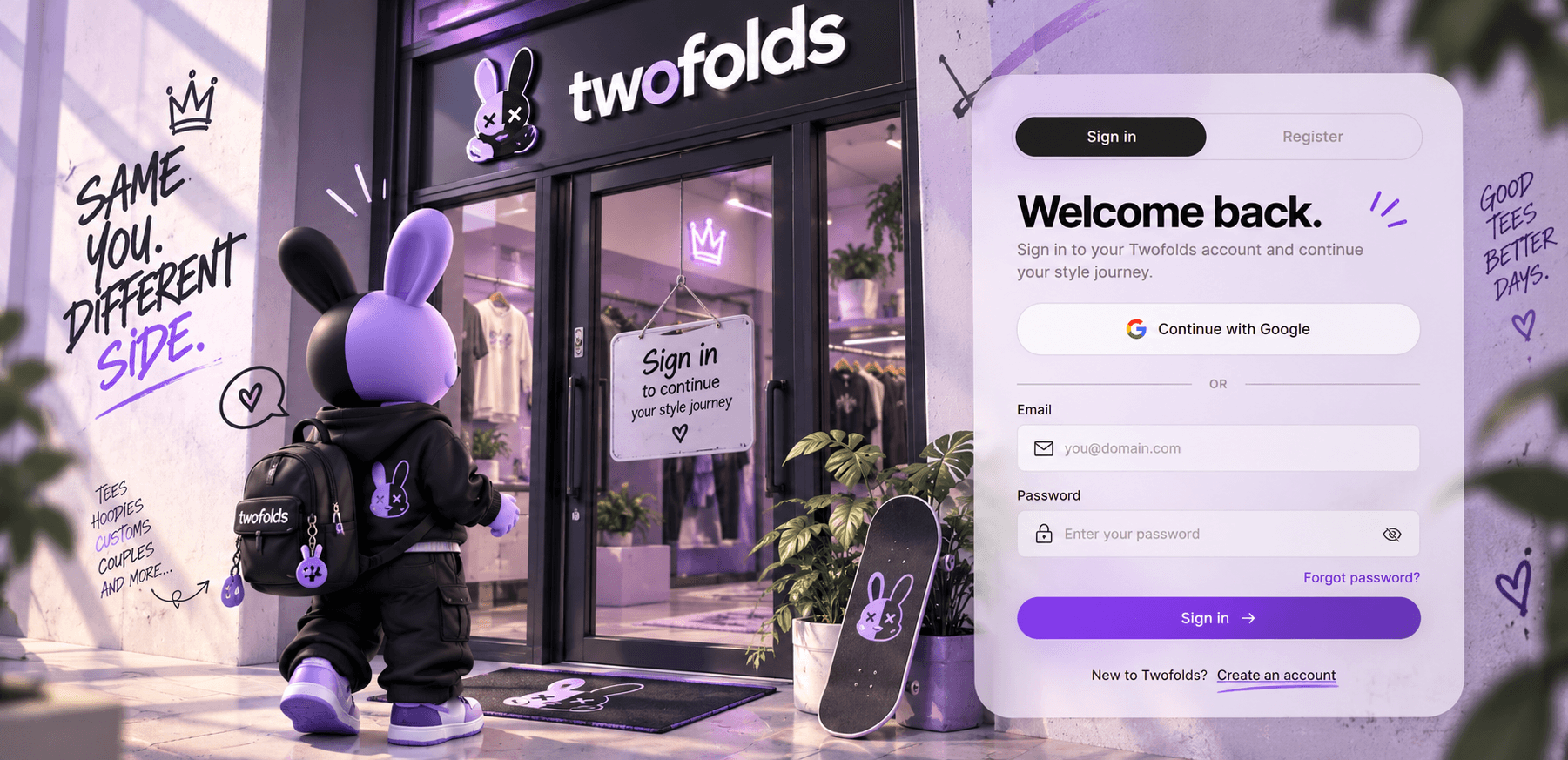 The Twofolds mascot with a twofolds backpack walking up to the Twofolds store, where a sign on the door reads “Sign in to continue your style journey”.