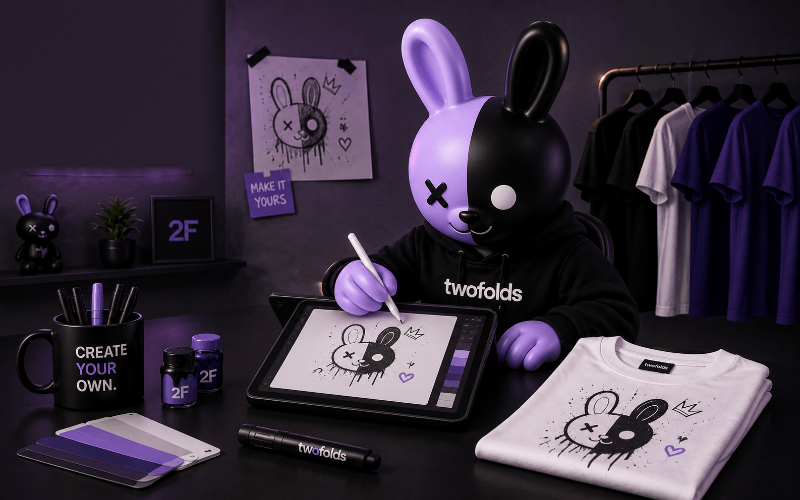 The Twofolds mascot in a studio surrounded by printed tees ready to ship.