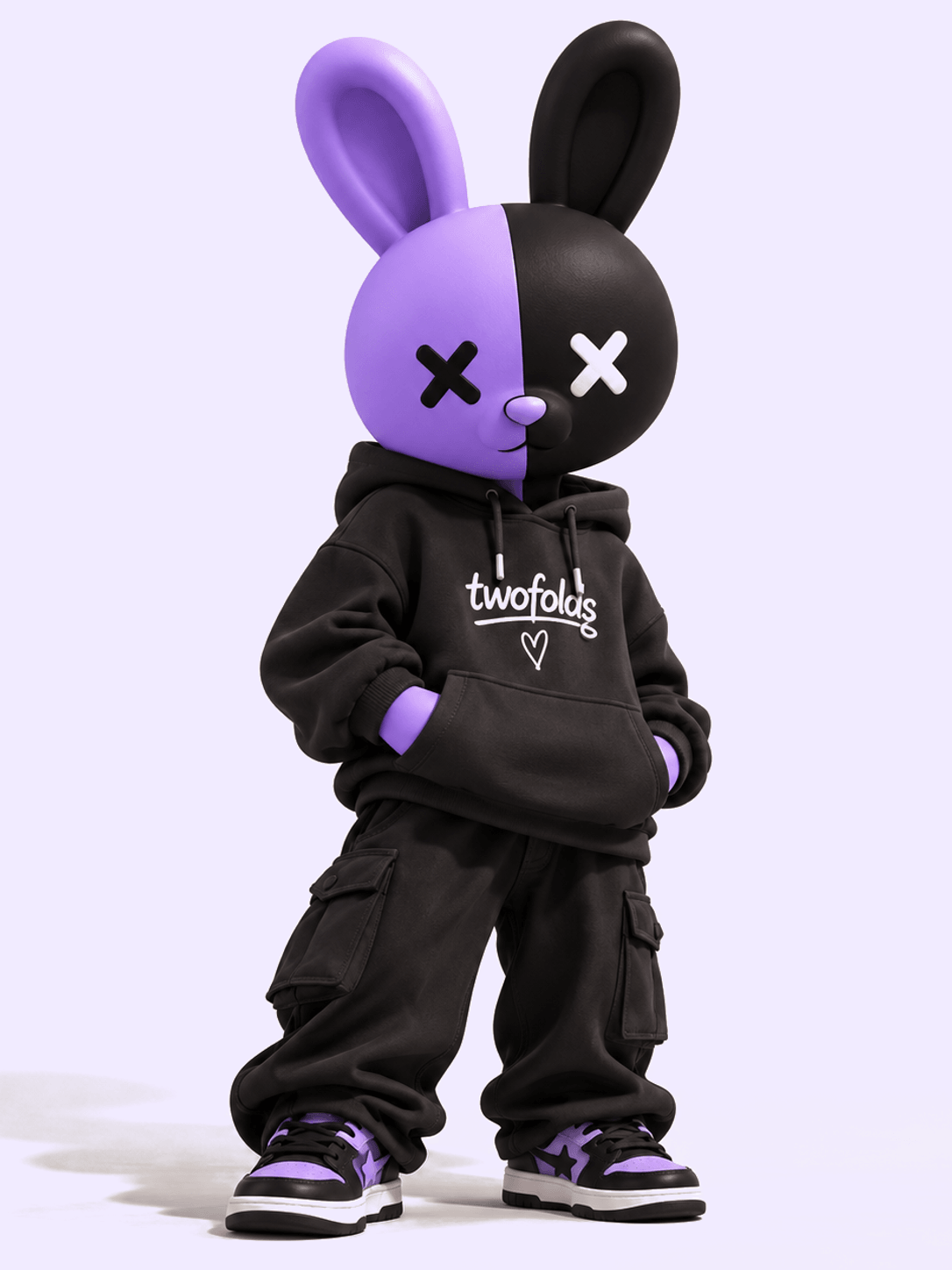 The Twofolds mascot in a black hoodie printed with the twofolds wordmark and a heart, black cargo trousers and purple-and-black sneakers.