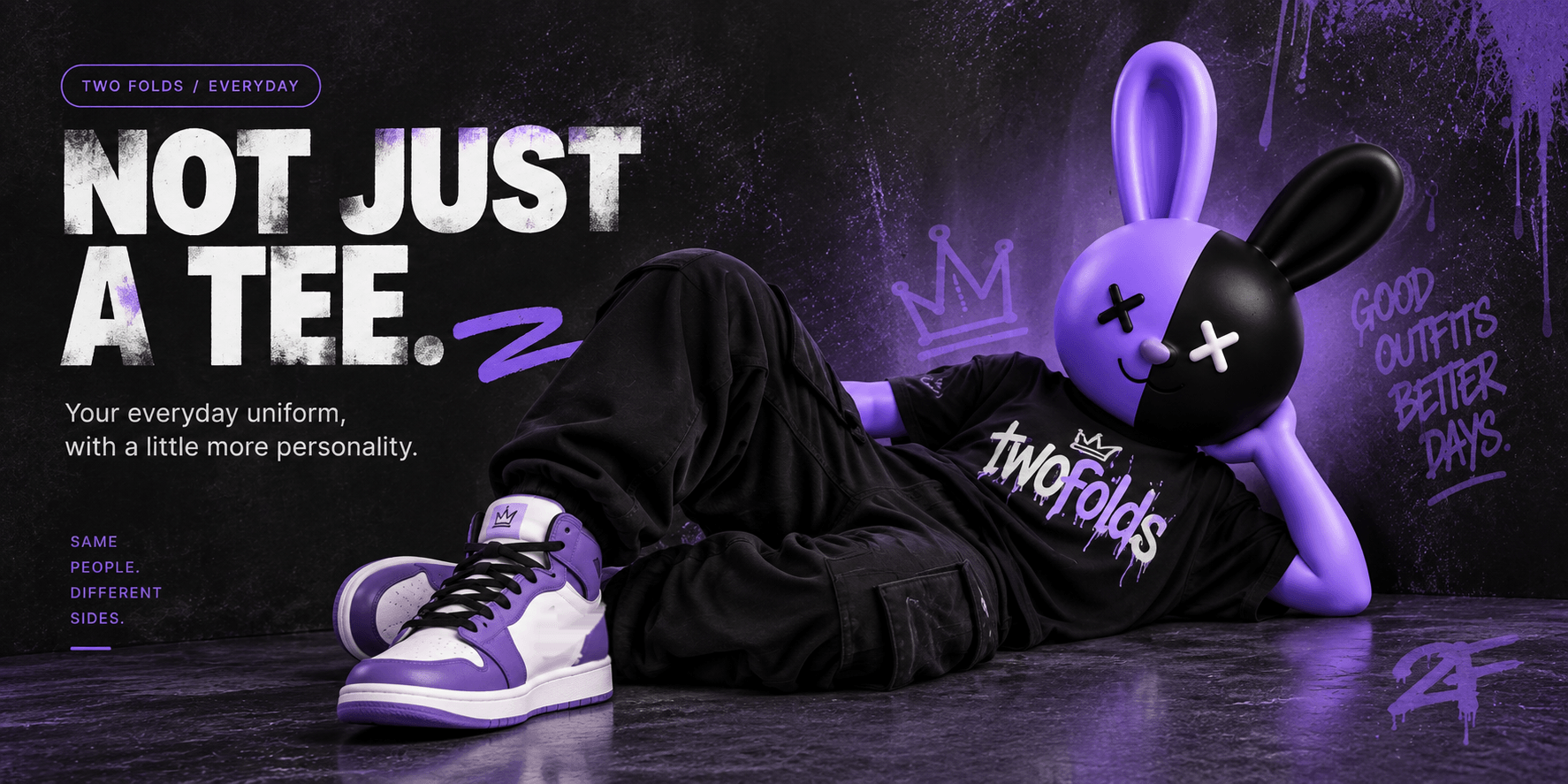 Twofolds editorial poster reading “Not just a tee — your everyday uniform, with a little more personality”, with the mascot lying in a black twofolds tee and lavender high-tops.