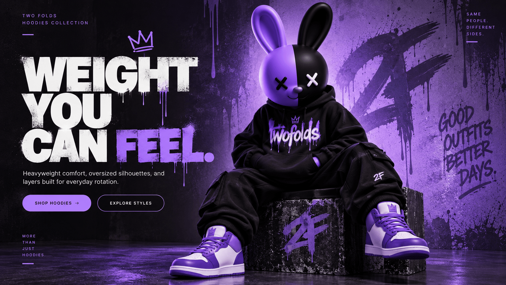 The Twofolds mascot sat on a concrete block in a black twofolds hoodie, black cargos and lavender high-tops, against a graffitied wall reading “good outfits better days”.